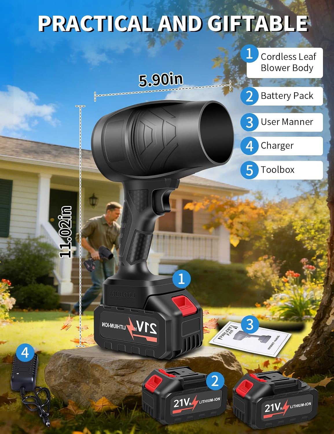 Effortless Outdoor Cleanup with Our Powerful Cordless Leaf Blower - Includes 2×21V Batteries for Ultimate Convenience
