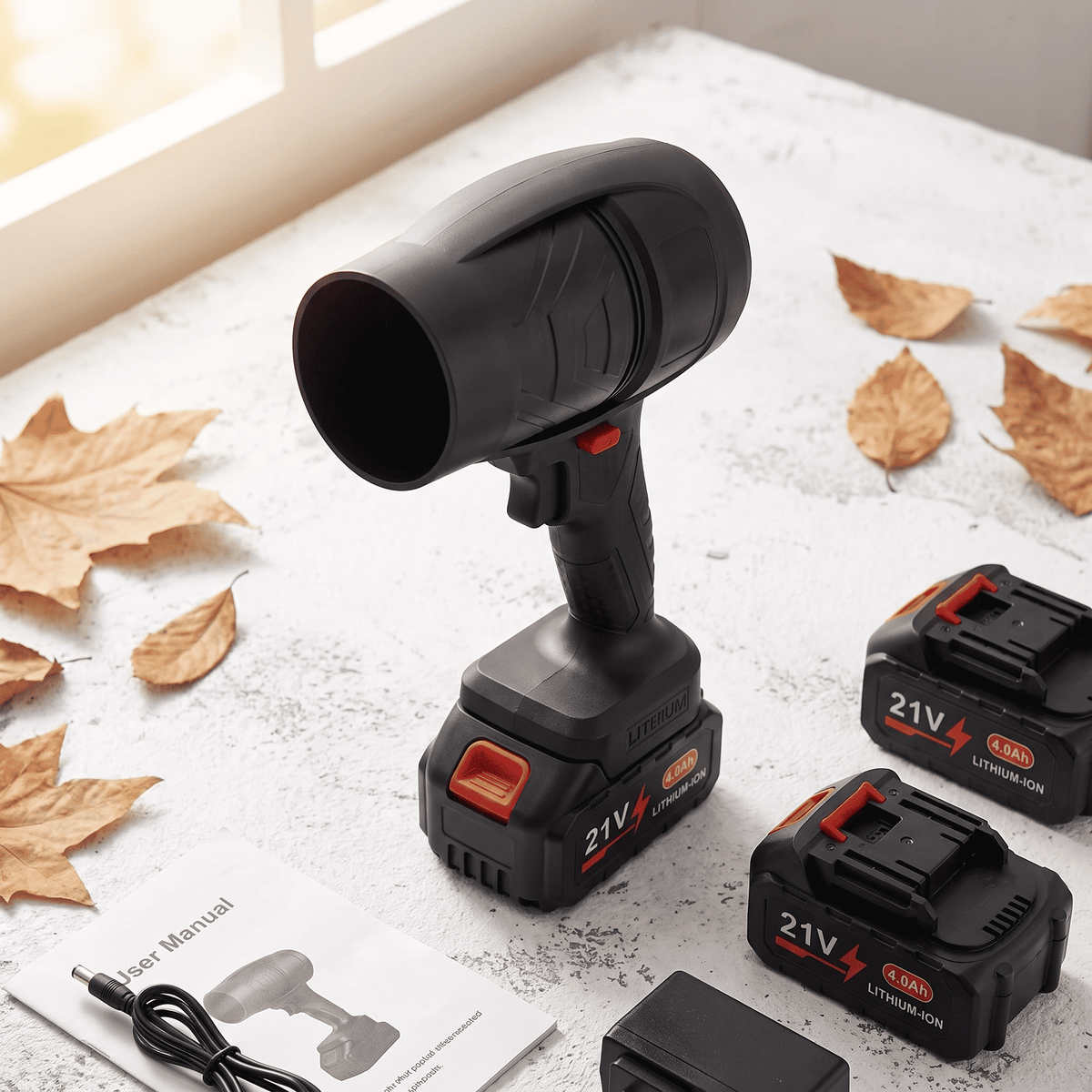 Effortless Outdoor Cleanup with Our Powerful Cordless Leaf Blower - Includes 2×21V Batteries for Ultimate Convenience