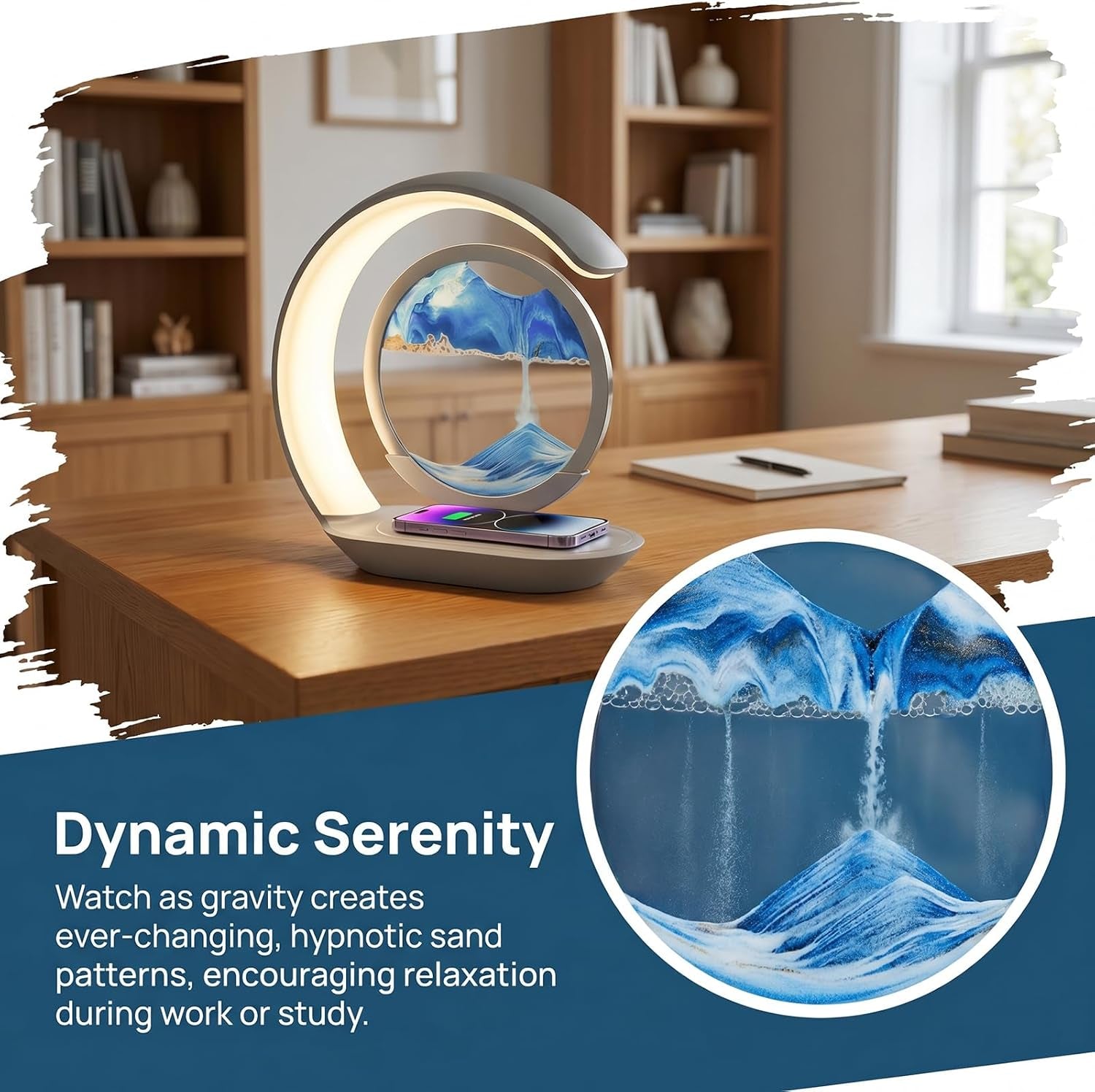 3-In-1 Moving Sand Art Desk Lamp with Wireless Charging Station