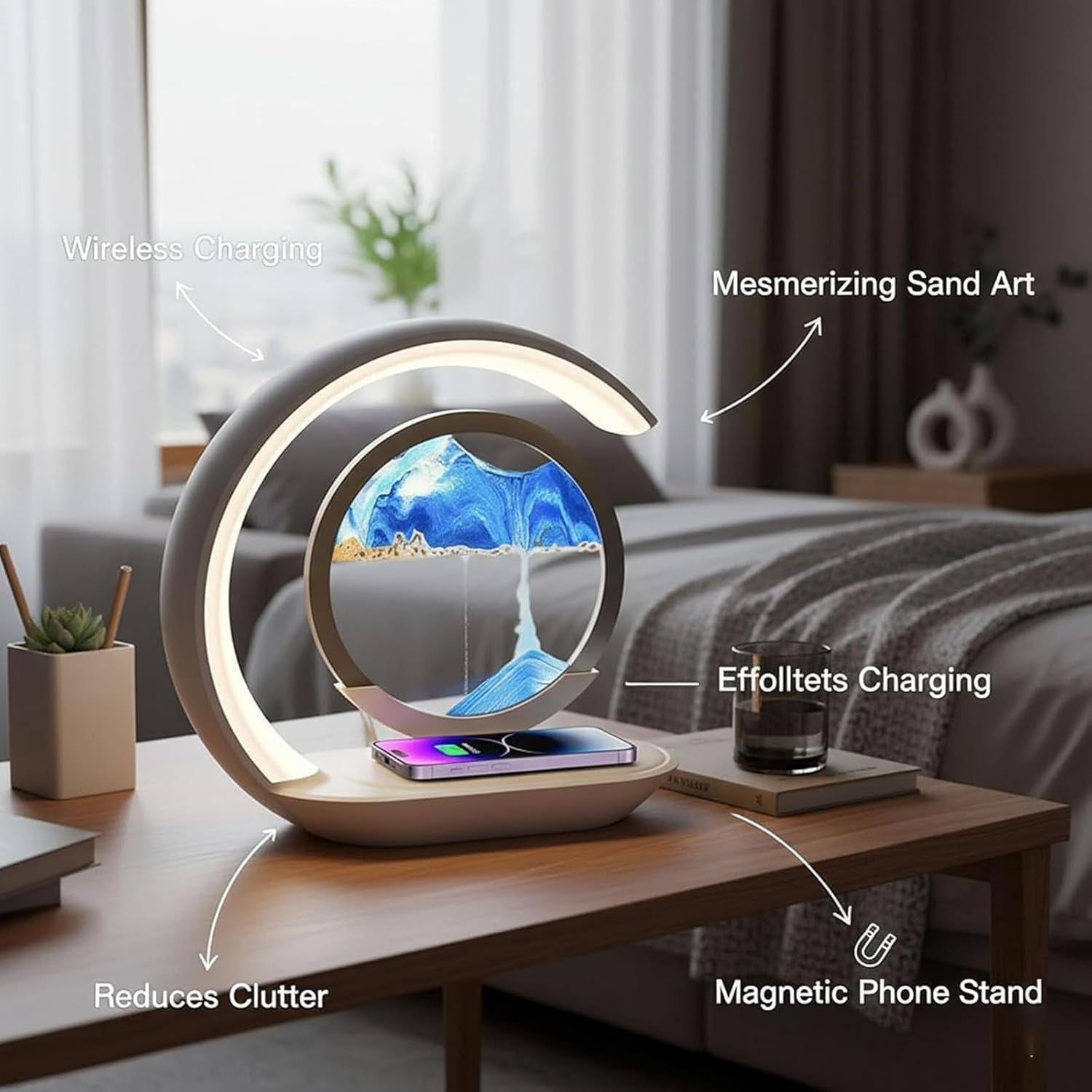 3-In-1 Moving Sand Art Desk Lamp with Wireless Charging Station